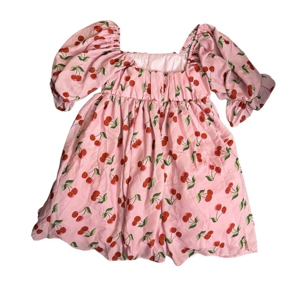 Smak Parlour Cherry Print Puff Sleeve Babydoll Mini Dress S Pink Spring Break - Picture 3 of 7